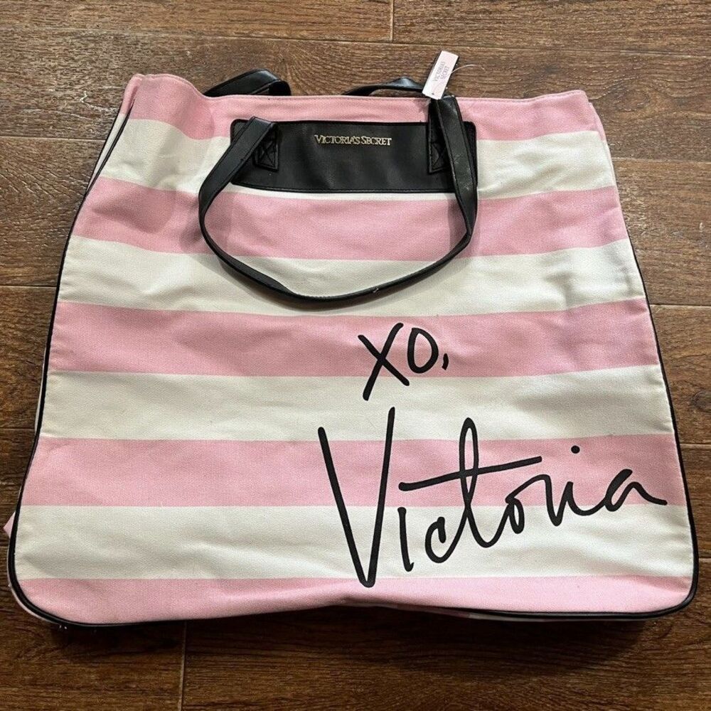 Victorias Secret Tote Pink White Striped Double Handles Large Shower Travel Gym
